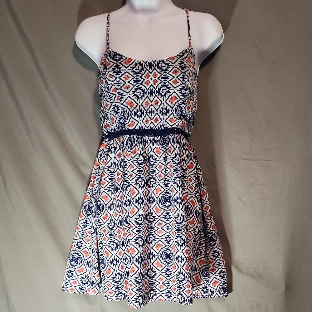 Trixxi Navy and Coral Printed Spaghetti-Strap Mini Dress